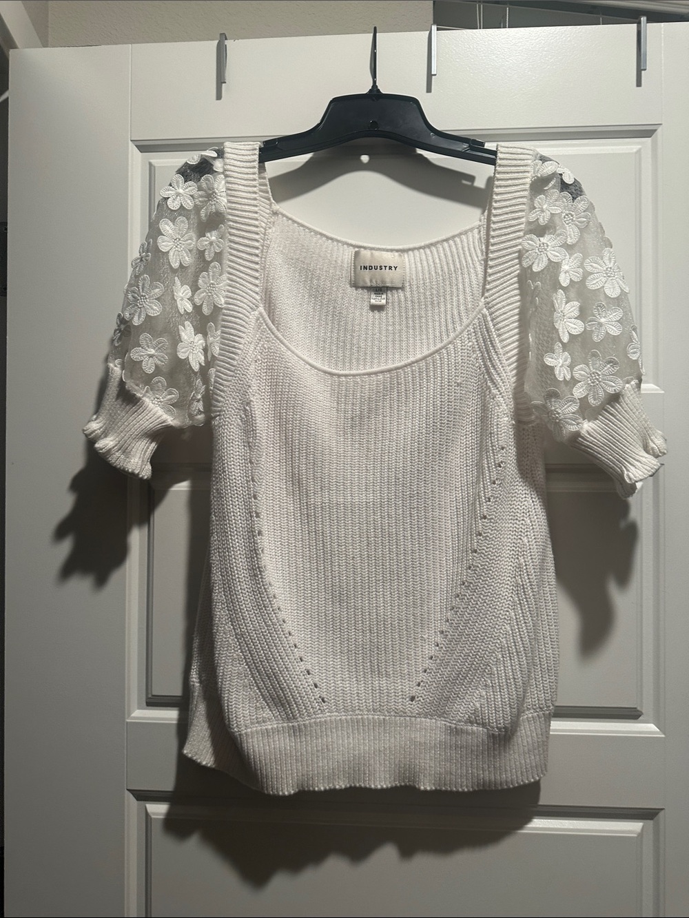 Industry Republic Floral Sheer Puff Sleeve Romantic White Knit Sweater L
